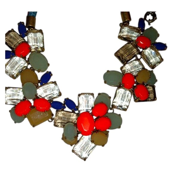 J. CREW Signed Vintage Chunky Blue Orange Rhinestone Floral Necklace Gold Tone - Picture 3 of 16